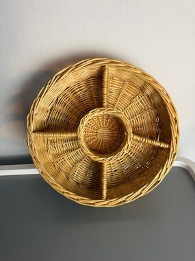 Handwoven Natural Brown Wicker Serving Tray with Center Bowl 13”